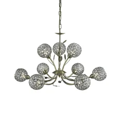 Searchlight Bellis II lysekrone, antik messingfarvet, glas, 9 lyskilder, G9