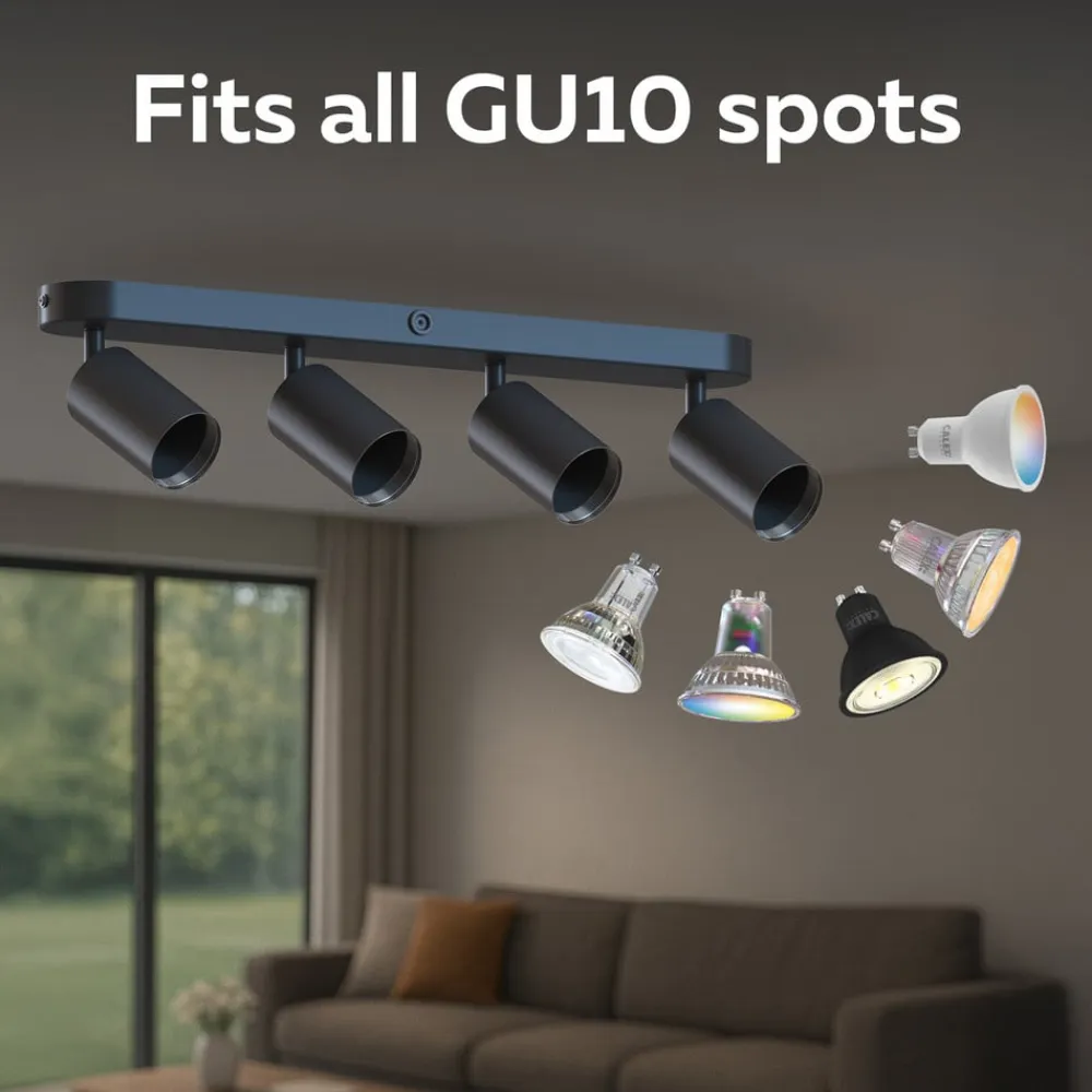 Calex Spotlights>GU10 loftspot, sort, længde 49 cm, 4 lyskilder, metal