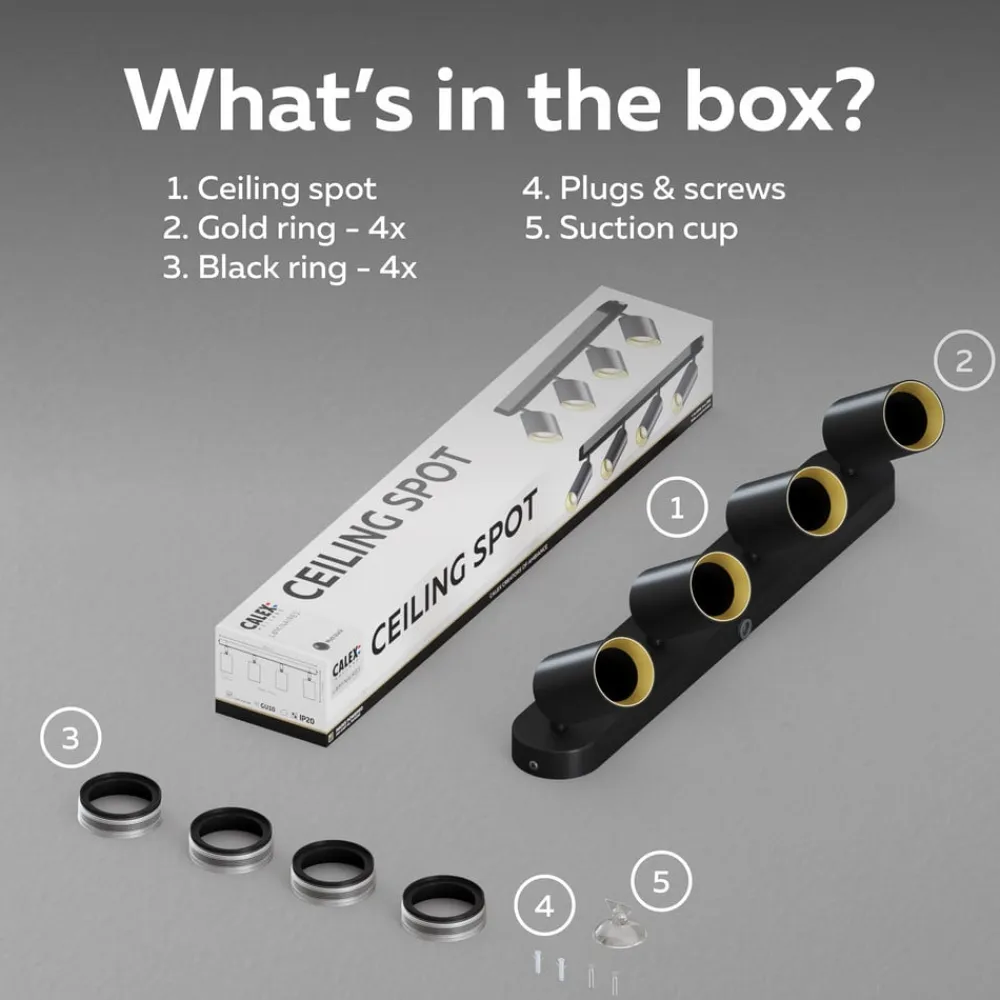 Calex Spotlights>GU10 loftspot, sort, længde 49 cm, 4 lyskilder, metal