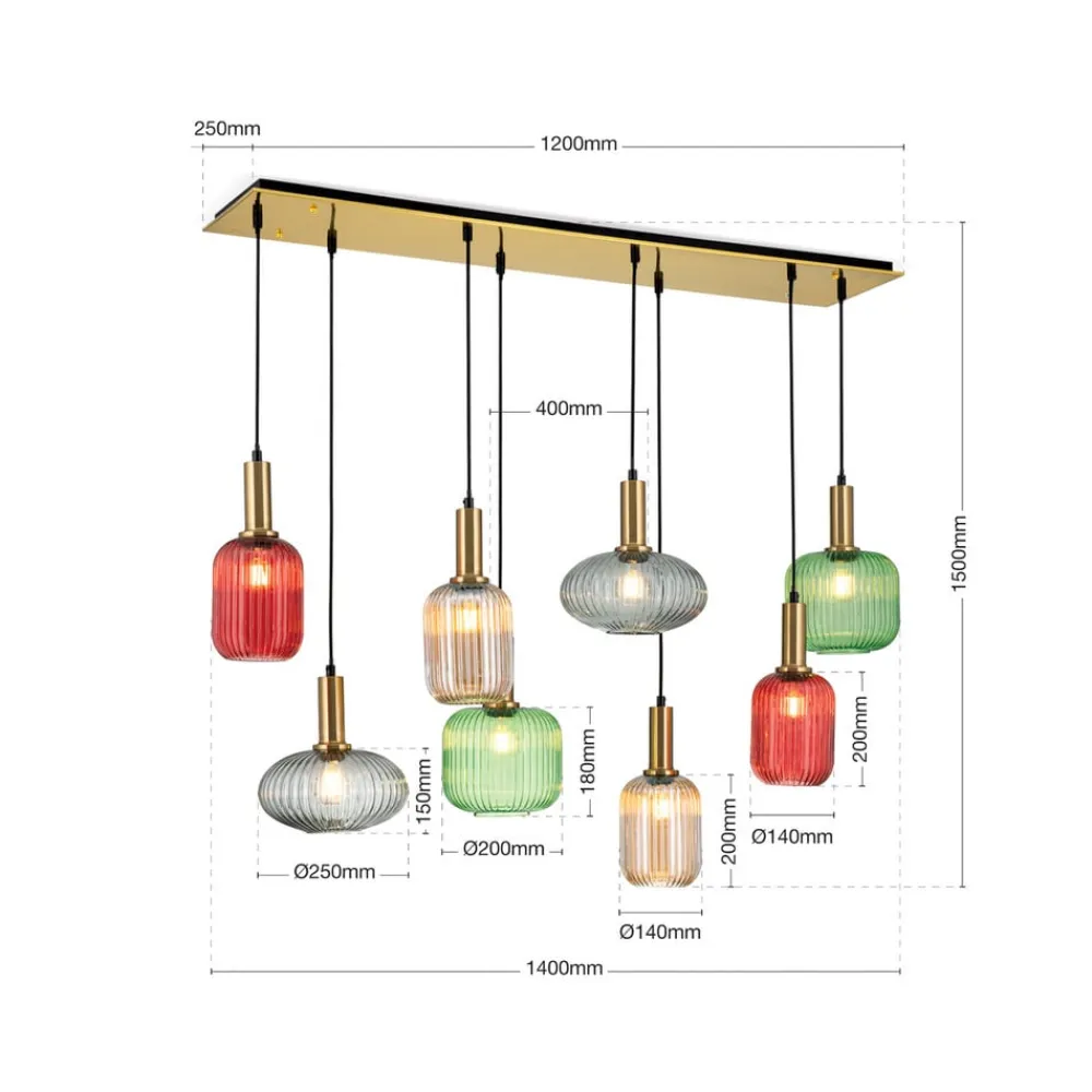 ORION Pendellamper>Carneval pendellampe, farverig, længde 140 cm, glas, 8 lyskilder.