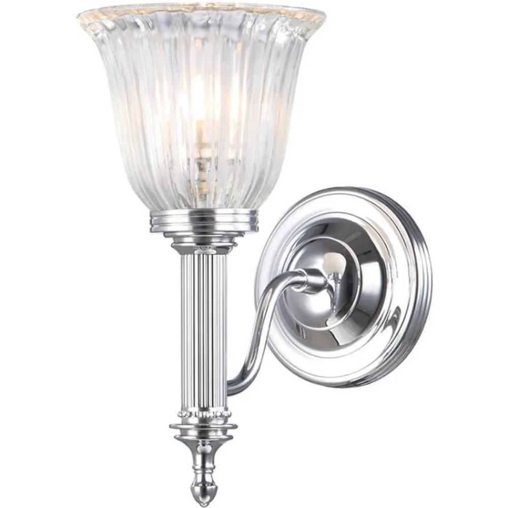 Elstead Caroll væglampe til vådrum, krom, rillet glas