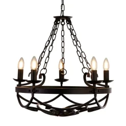 Searchlight Cartwheel III lysekrone, 5 lyskilder, Ø 54 cm, sort, metal