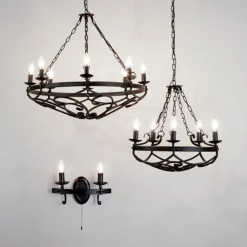 Searchlight Cartwheel III lysekrone, 5 lyskilder, Ø 54 cm, sort, metal