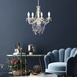 Näve Cecilia lysekrone, hvid, jern/akryl, Ø 52 cm, 5 lyskilder.