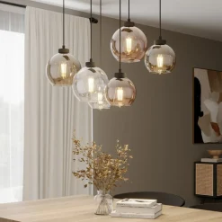 TK Lighting Cubus hængelampe, 74 cm, 6 lyskilder, klar/honning/brun, glas