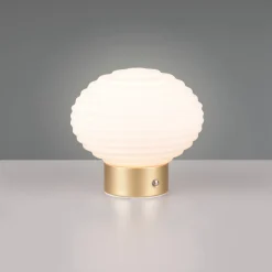 Earl LED genopladelig bordlampe, messing/opal, højde 14,5 cm, glas^Reality Leuchten Online