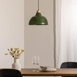 Kaitt hængelampe, mørkegrøn, Ø 34 cm, trædetaljer^Envostar Clearance