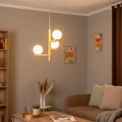 TK Lighting Estera hængelampe, opalglas, træ, 3 lyskilder