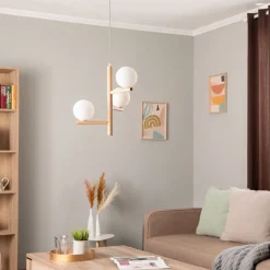 TK Lighting Estera hængelampe, opalglas, træ, 3 lyskilder