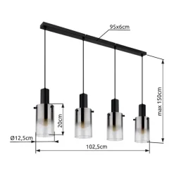 Florentina hængelampe, længde 103 cm, røggrå, glas, 4 lyskilder.^Globo Discount