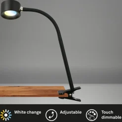 Genopladelig klemmelampe Tari, sort, CCT, touchdæmper, USB^Briloner Discount