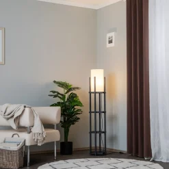 Opviq Gulvlampe 8111 sort, hylde, stofskærm hvid