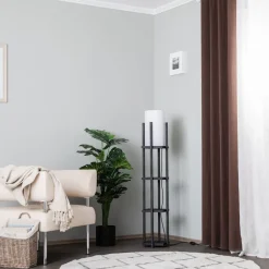 Opviq Gulvlampe 8111 sort, hylde, stofskærm hvid