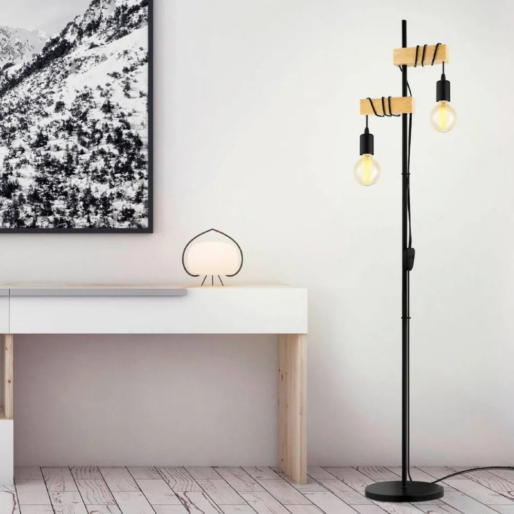 EGLO Gulvlampe Townshend 2 lyskilder sort/lyst træ