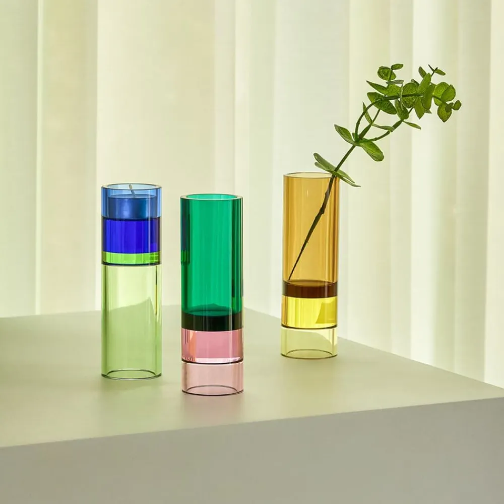 Astro fyrfadsstage, grøn/pink, krystalglas, 15 cm^Hübsch