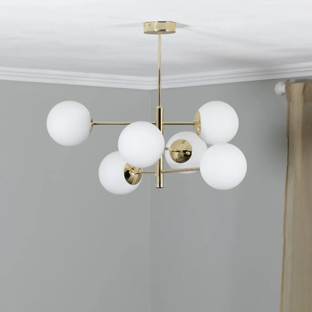 Euluna Hængelampe Aurora, guldfarvet, 6 lyskilder, glas, metal