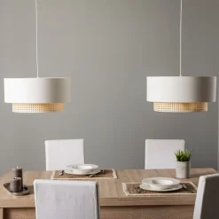 Duolla Pendellamper>Hængelampe Boho, 2 lyskilder, tekstil, creme-hvid/rattan