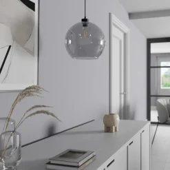 TK Lighting Hængelampe Cubus, røggrå, glas, Ø 30 cm, E27