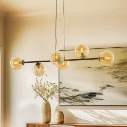 EMIBIG LIGHTING Hængelampe Glassy, 6 lyskilder, sort, ravfarvet, glas, 110 cm