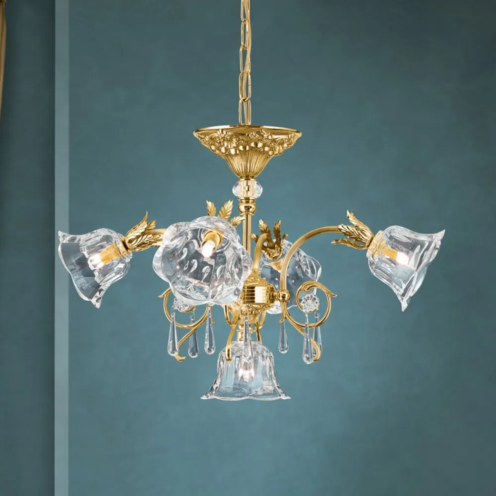 ORION Hængelampe La Boheme, guld, 5 lyskilder, krystalglas