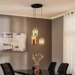 TK Lighting Hængelampe Marco Green, 3 lyskilder klar/grøn/brun