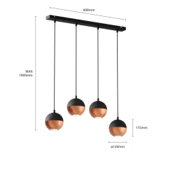 HELAM Hængelampe Midnight i sort/kobber 4 lyskilder, lang