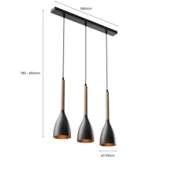 Luminex Hængelampe Muza 3 lyskilder lang sort/lys træ