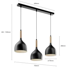 Luminex Hængelampe Noak 3-flammet lang sort/naturtræ