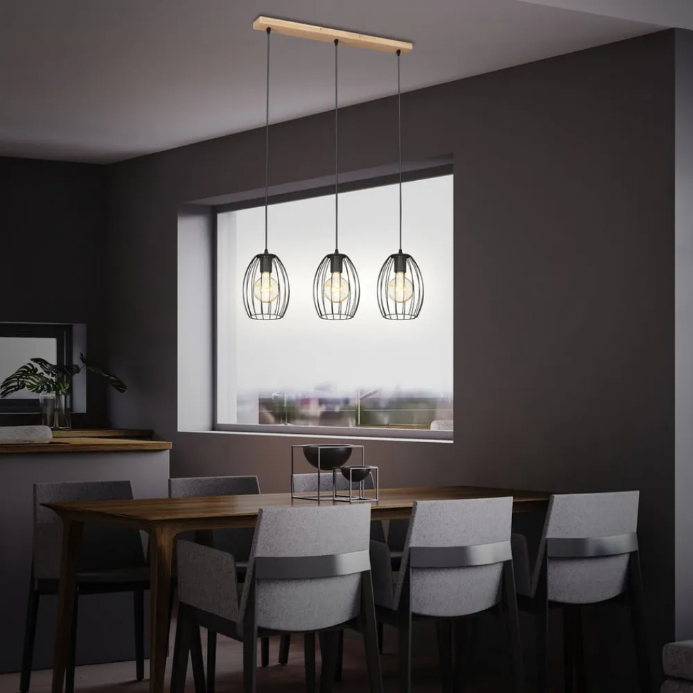 Briloner Pendellamper>Hængelampe Waktu Vintage, sort/træ, 3 lyskilder