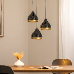 Hængelampe Yildo, 3 lyskilder, sort/guld, rund, Ø37 cm^Opviq Outlet