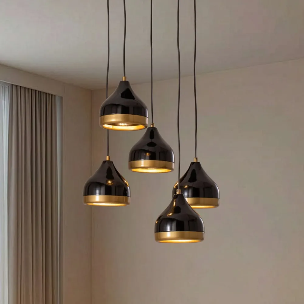 Hængelampe Yildo, 5 lyskilder, rund, sort/guld, Ø43 cm^Opviq Discount