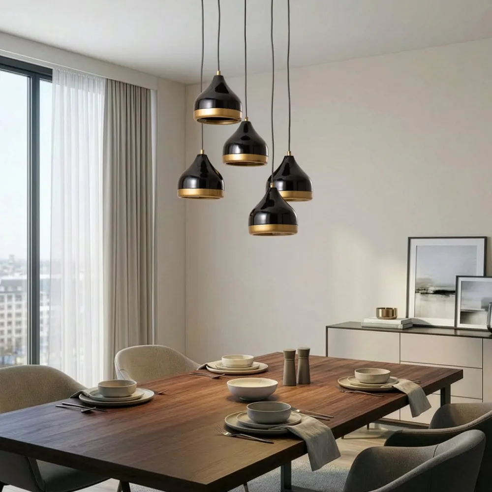 Hængelampe Yildo, 5 lyskilder, rund, sort/guld, Ø43 cm^Opviq Discount