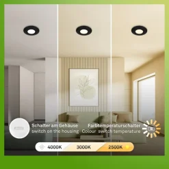 Klira indbygningslampe, sort, Ø 9 cm, IP44, sæt med 3 stk^Briloner Best