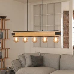 EGLO Pendellamper>Layham hængelampe, sort/lyst træ, længde 96 cm, 5 lyskilder.