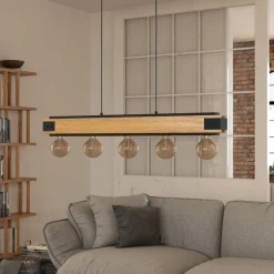 EGLO Pendellamper>Layham hængelampe, sort/lyst træ, længde 96 cm, 5 lyskilder.