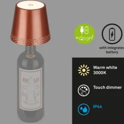 Briloner LED-batteri-flaskelys IP44 med lysdæmper, kobber