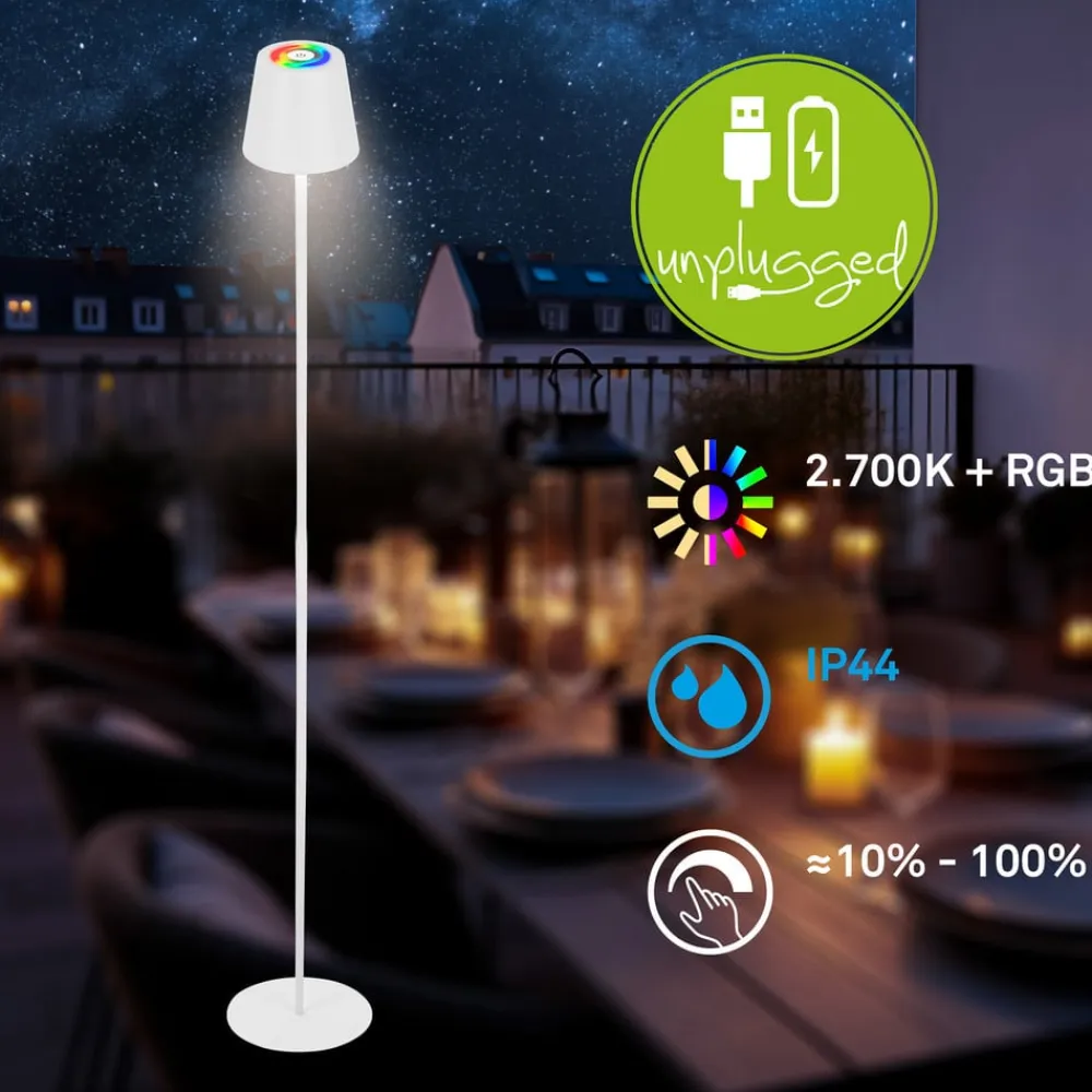LED-gulvlampe Coloris, hvid, RGB, dæmper, IP44, USB^Briloner
