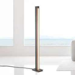 PURE LED-gulvlampe Lines, sort, træ, fjernbetjening, 140 cm