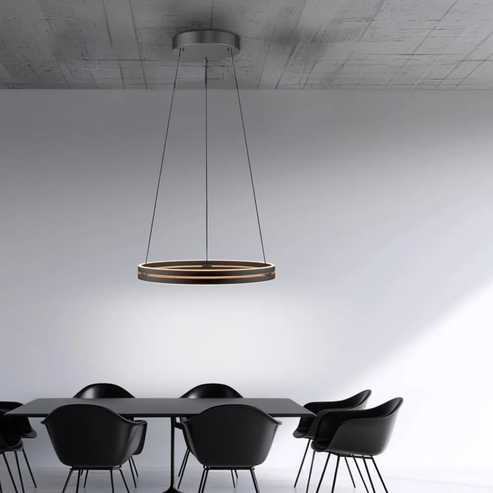 PURE LED-hængelampe E-Loop, eg/sort perle, Ø 70 cm aluminium, CCT