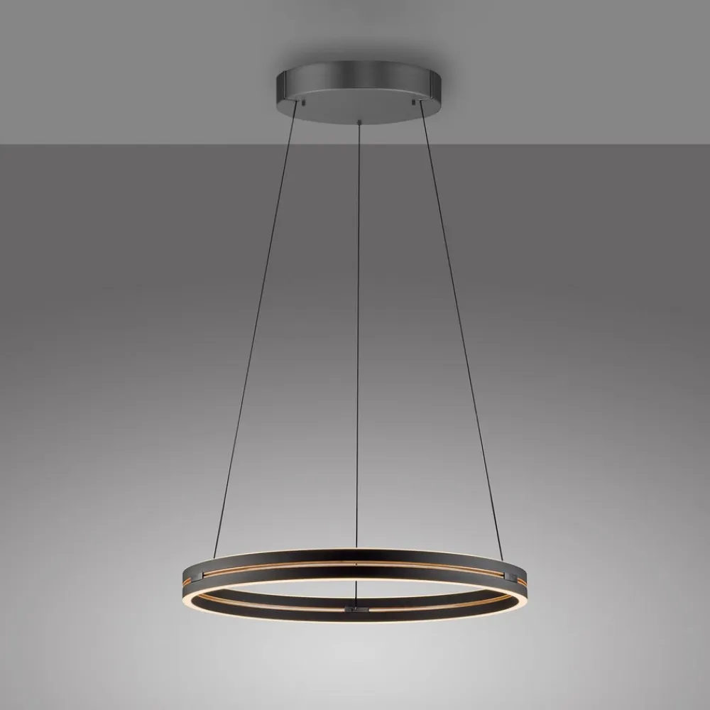 PURE LED-hængelampe E-Loop, eg/sort perle, Ø 70 cm aluminium, CCT