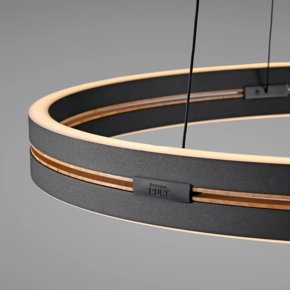 PURE LED-hængelampe E-Loop, eg/sort perle, Ø 70 cm aluminium, CCT