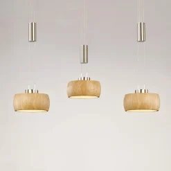 FISCHER & HONSEL LED-hængelampe Shine-Wood, eg/nikkel, længde 100 cm 3 lyskilder.