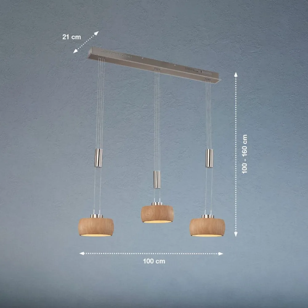 FISCHER & HONSEL LED-hængelampe Shine-Wood, eg/nikkel, længde 100 cm 3 lyskilder.