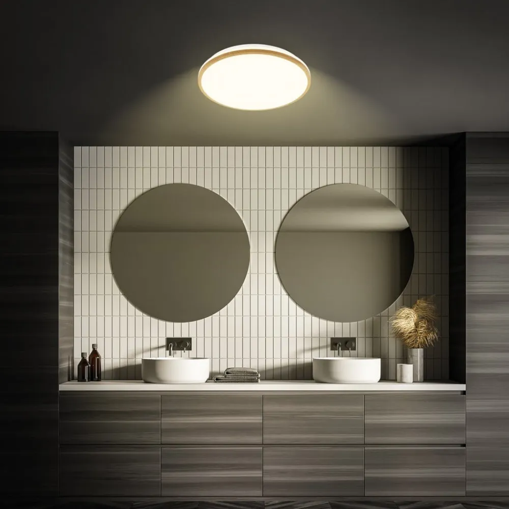 Briloner Loftlamper>LED-loftlampe Acorus, Ø 33 cm, hvid/træfarvet, IP44