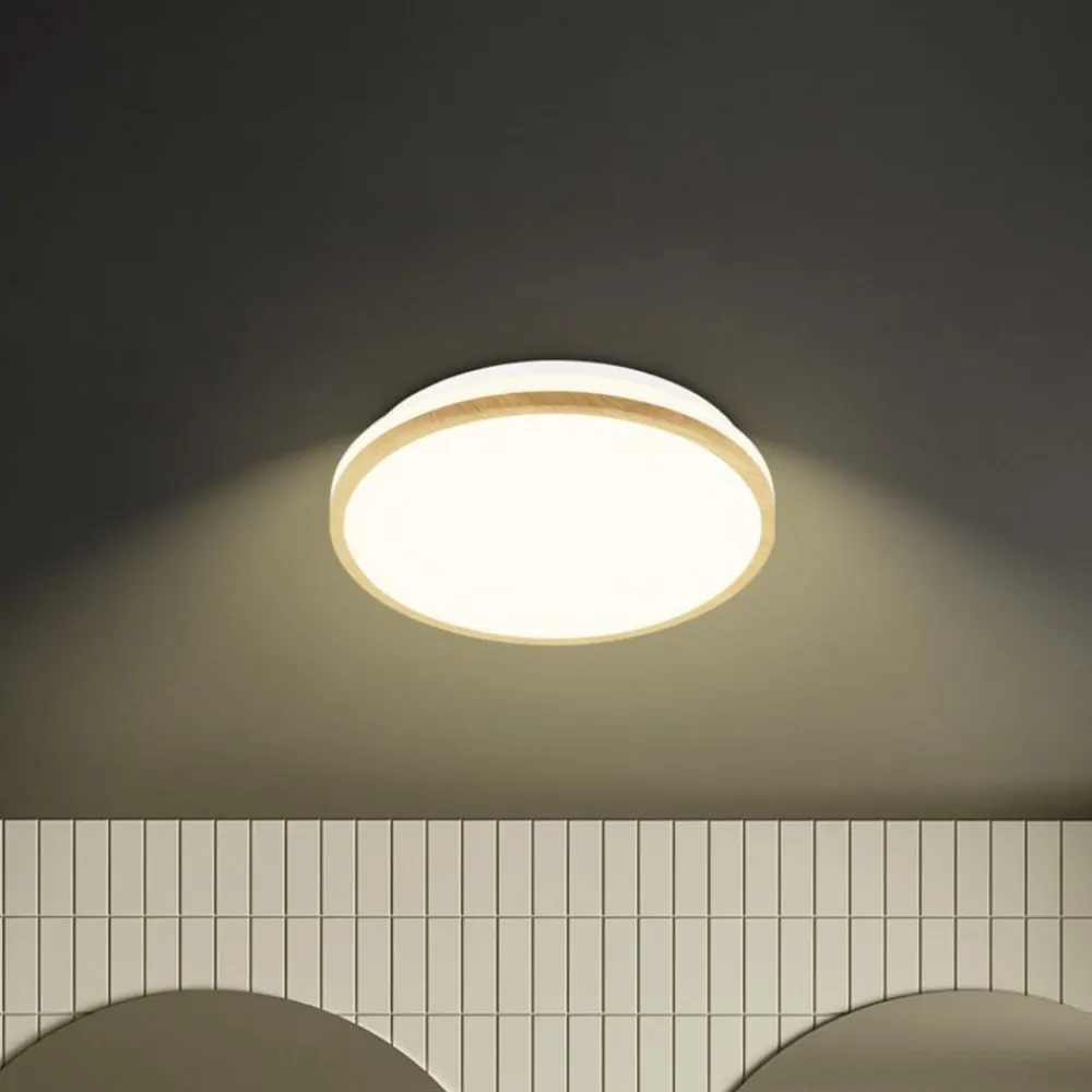 Briloner LED-loftlampe Acorus, Ø 28 cm, hvid/træfarvet, IP44