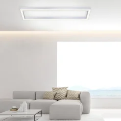 PURE LED-loftlampe Lines, 110 x 30 cm, sølv, CCT, fjernbetjening