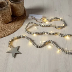STAR TRADING LED-lyskæder Beady, grå, træperler, 150 cm, batteri