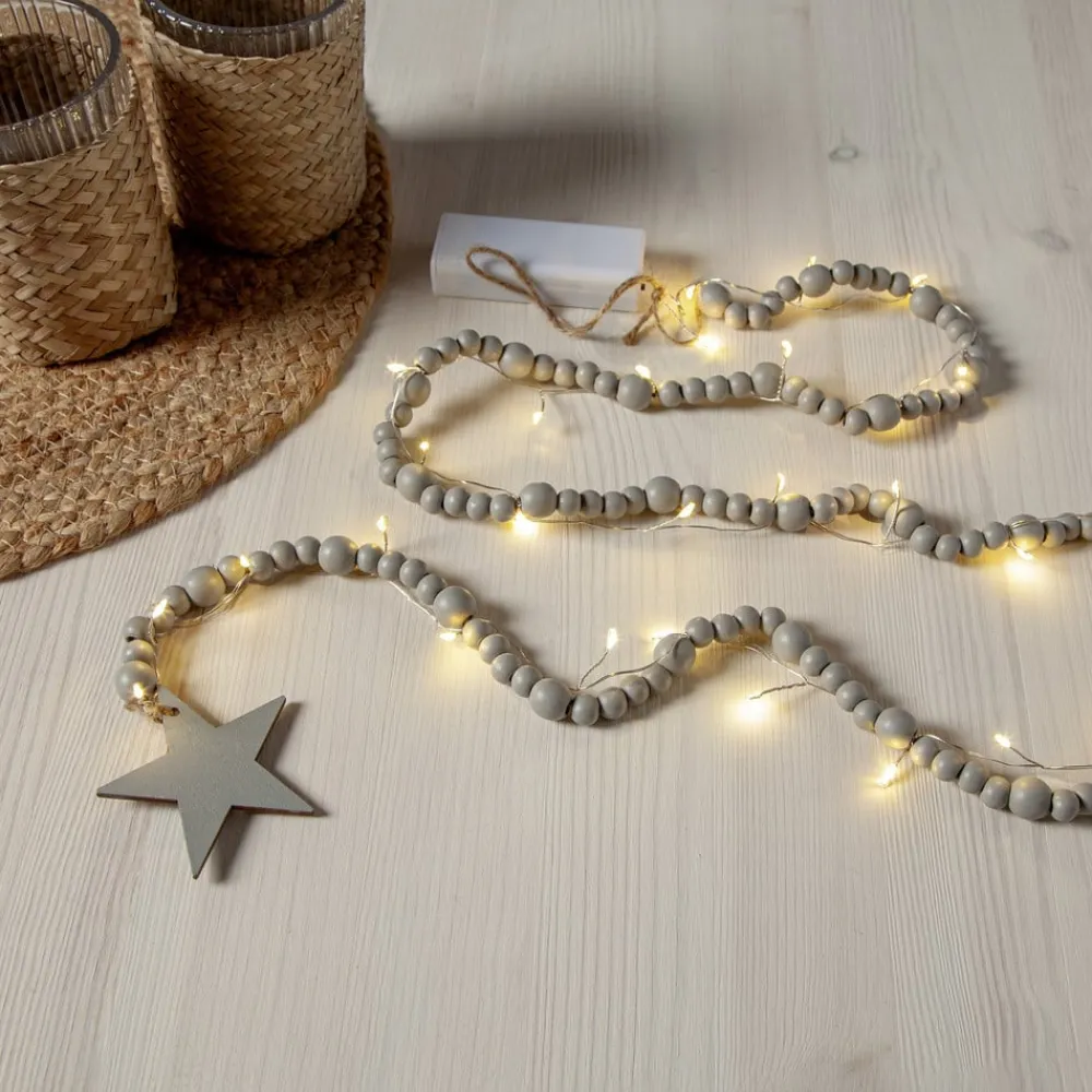 STAR TRADING LED-lyskæder Beady, grå, træperler, 150 cm, batteri