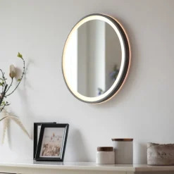 Paul Neuhaus LED-vægspejl VIDRO, grå, Ø 46 cm, powerbank, afbryder