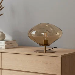 bordlampe Lelia, rav, glas, metal, Ø 35 cm^Lindby